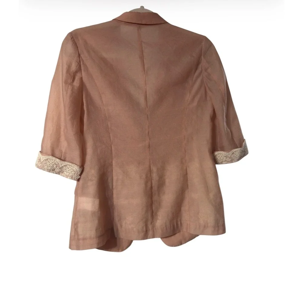 Ochirly Peach Sheer Lace Trim Blazer 3/4 Sleeve Single Button Jacket Small‎